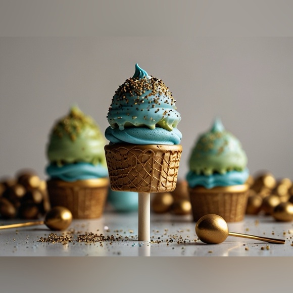 HANDCRAFTED digital art print Gold and Blue Cupcake Party Decor NWT by me - Picture 1 of 9